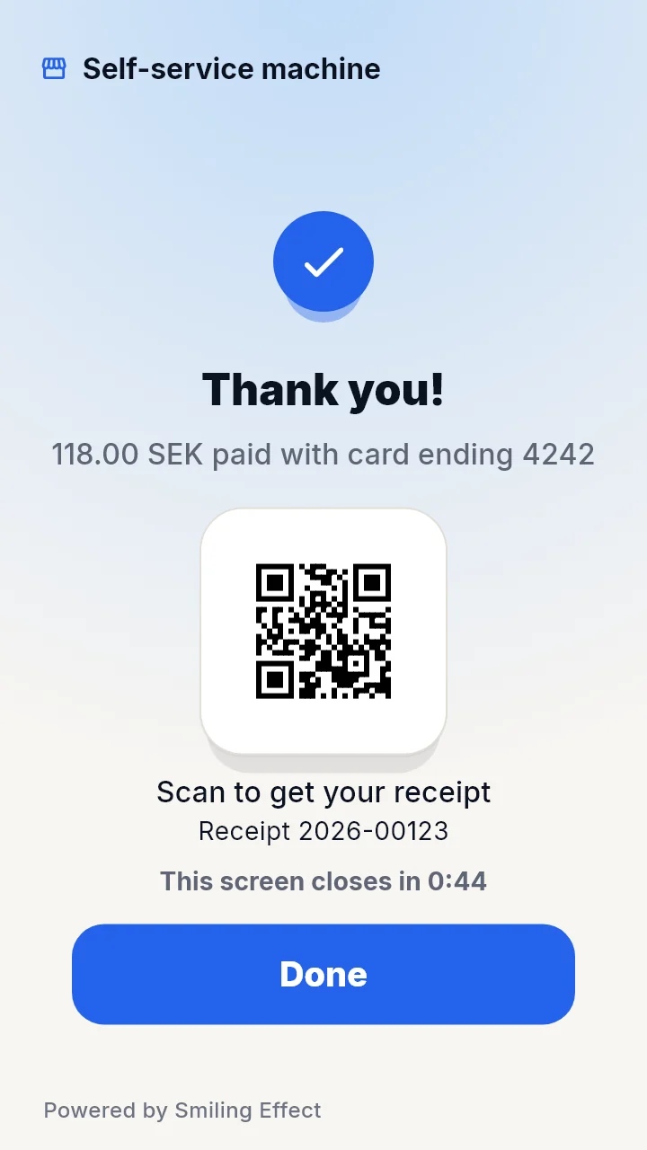 Smile Device paid screen with a thank-you and a receipt QR code