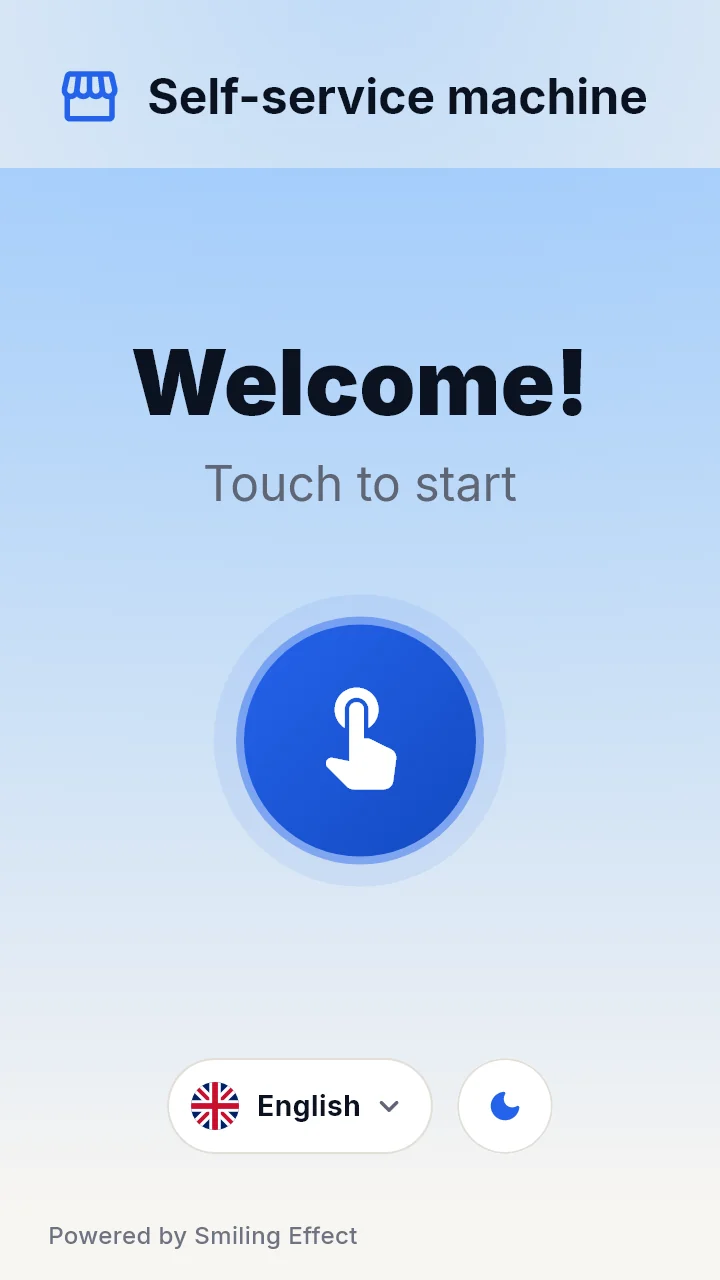 Smile Device welcome screen with a Touch to start button