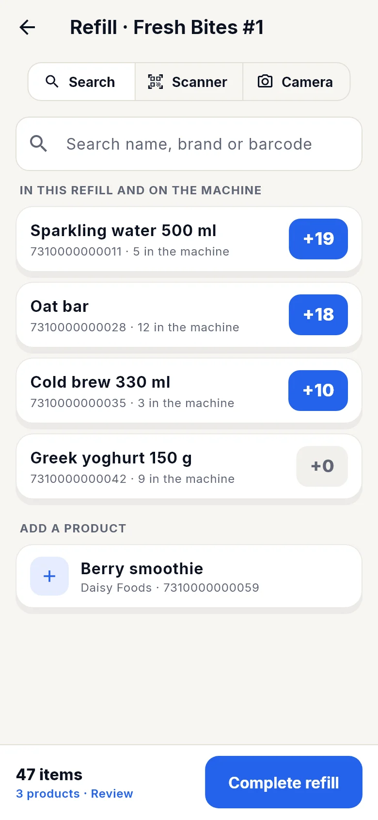 Smile Go refill list with the number of items to put in each product