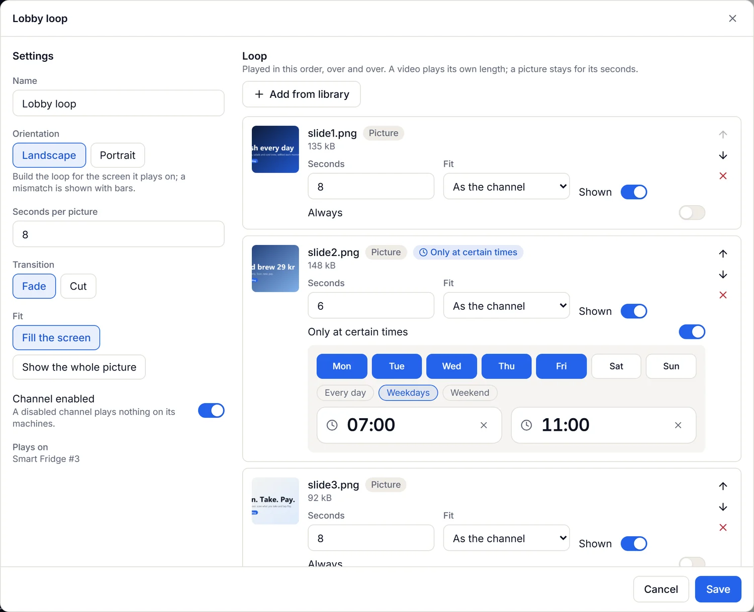 The signage channel editor in the portal: a loop of four pictures with a schedule